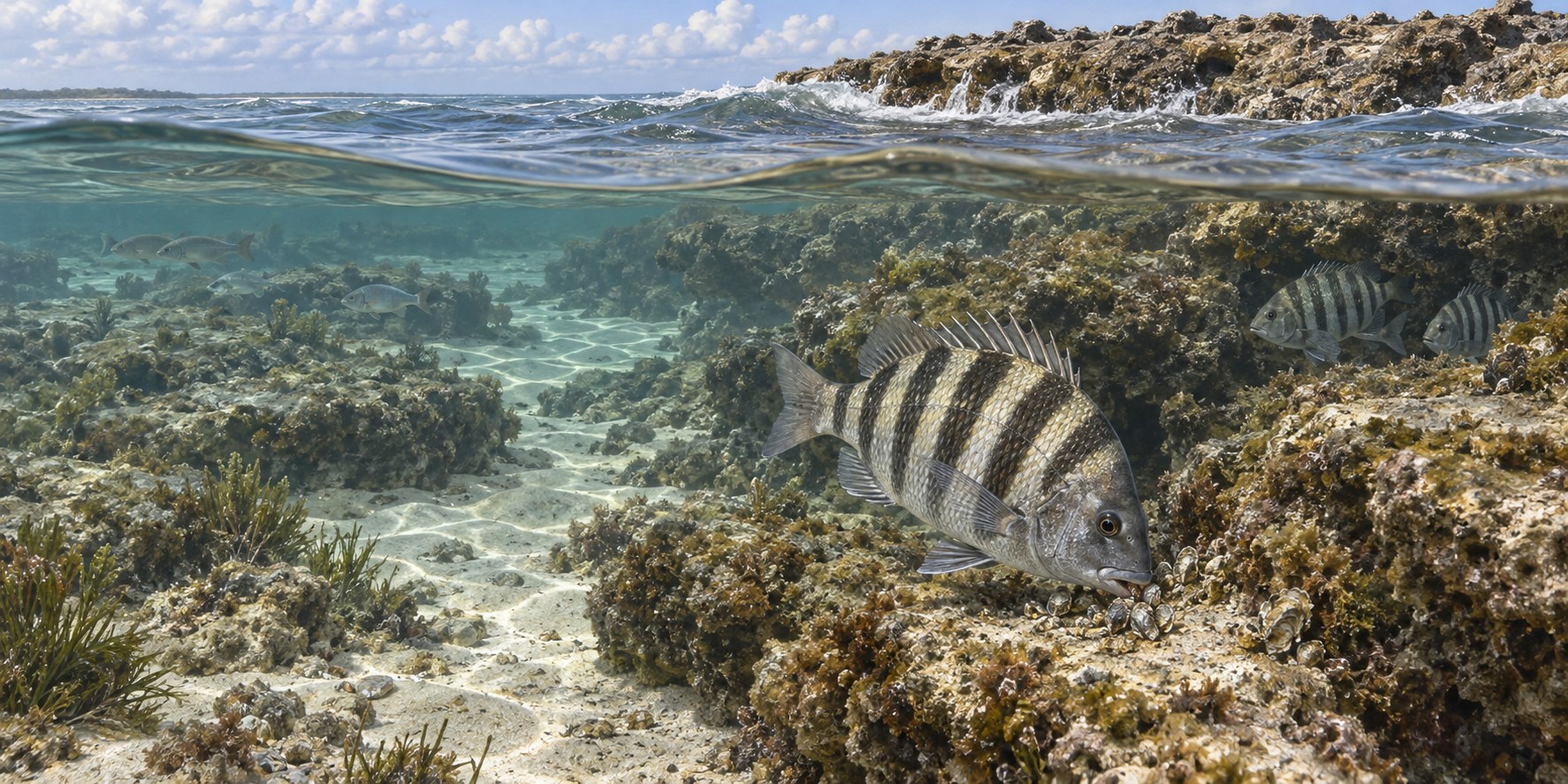 Illustration of a sheepshead feeding beside coquina-like coastal rock