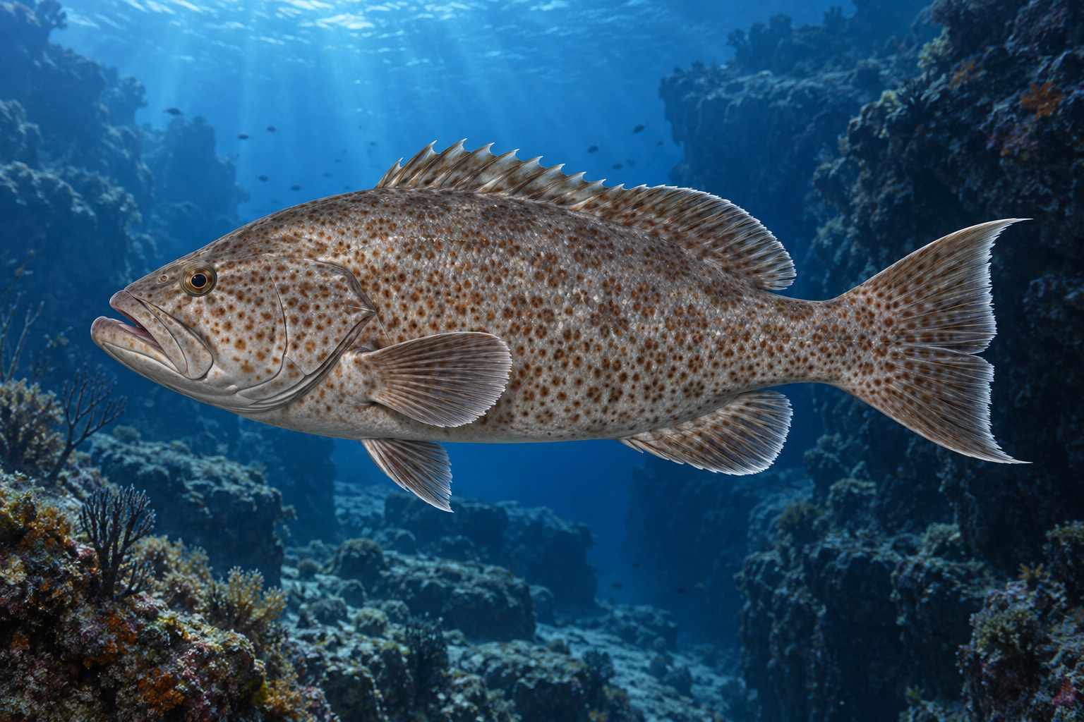 Scamp Grouper shown in side profile underwater