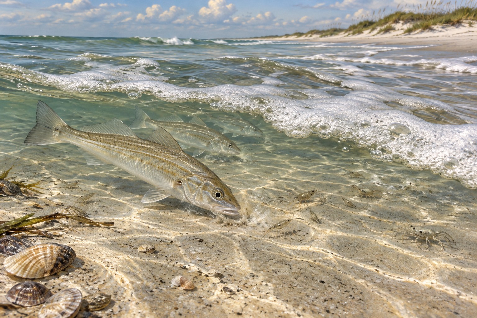 Habitat illustration showing whiting beneath foam beside a clean sand patch
