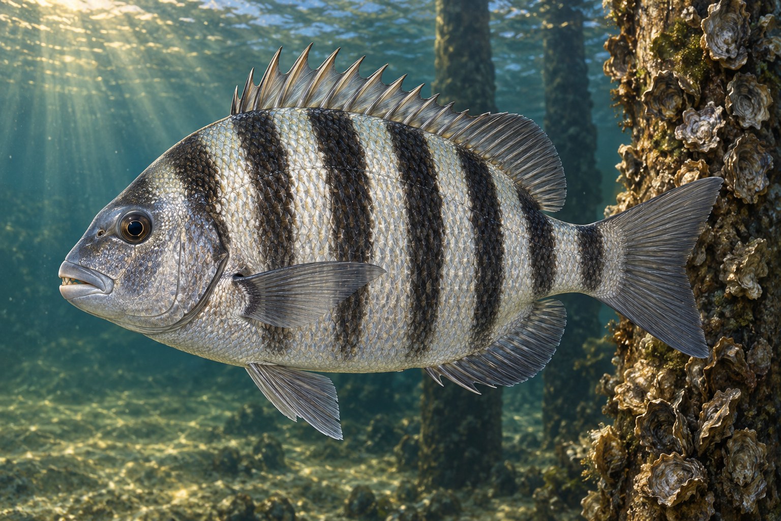 Sheepshead shown in side profile underwater