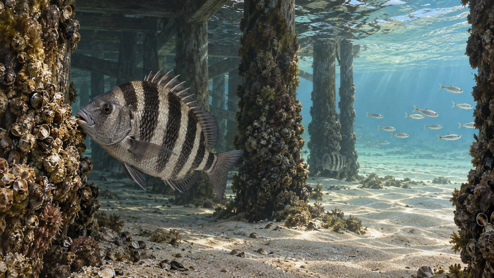 Illustration of a sheepshead feeding beside submerged pier pilings