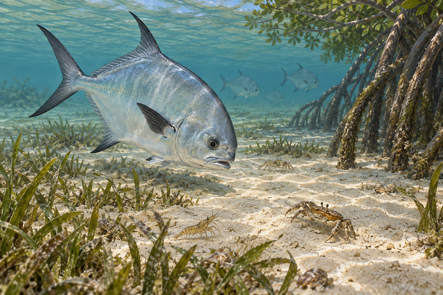 Habitat illustration showing coastal fish investigating sandy-bottom crustaceans