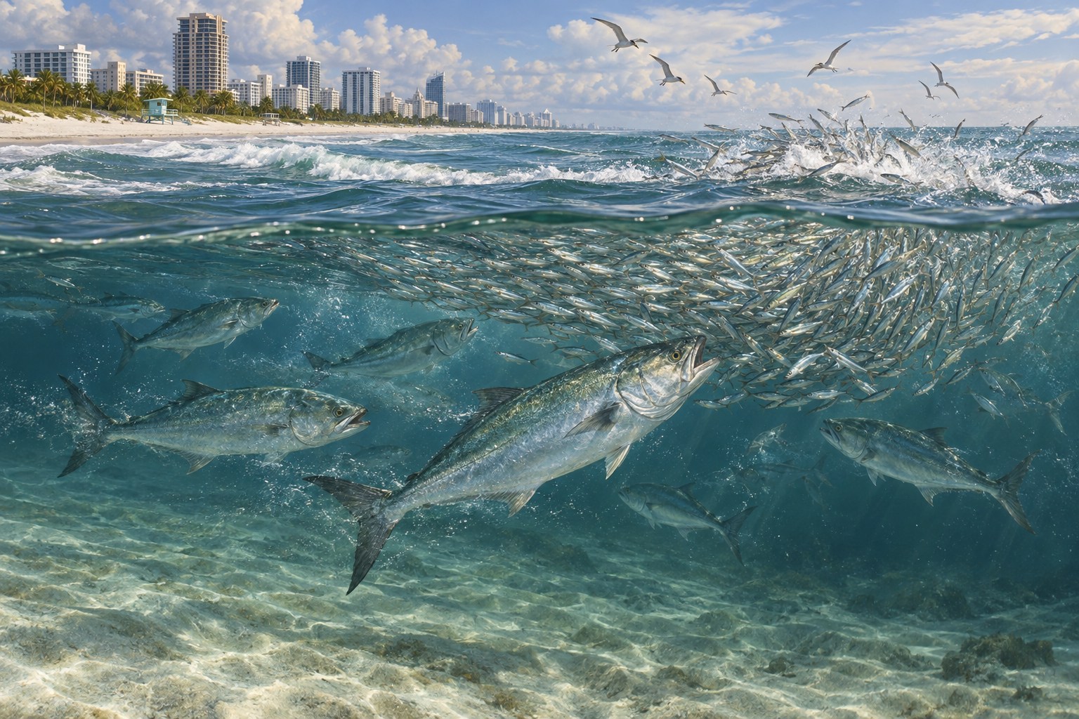 Habitat illustration showing bluefish feeding beneath a bait school beyond a crowded city beach with no people shown