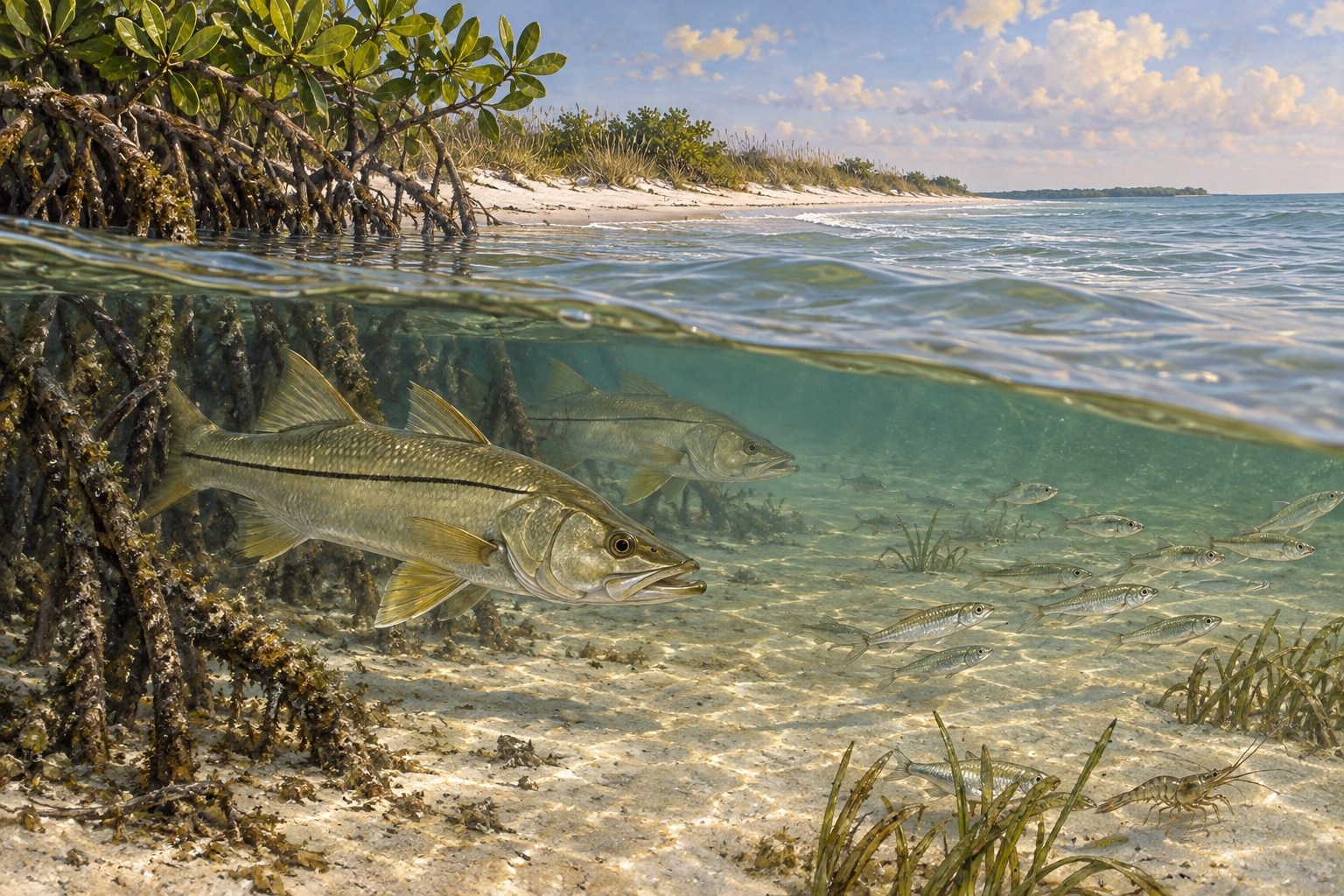 Habitat illustration showing snook with a black stripe hunting along a Marco beach