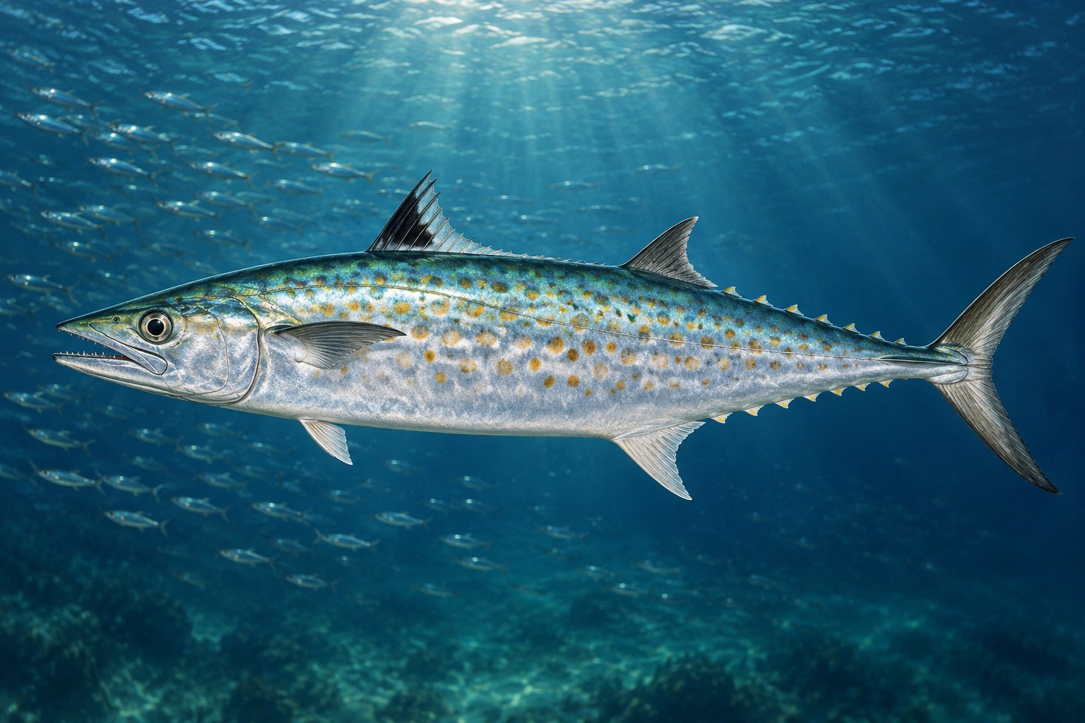 Spanish Mackerel shown in side profile underwater