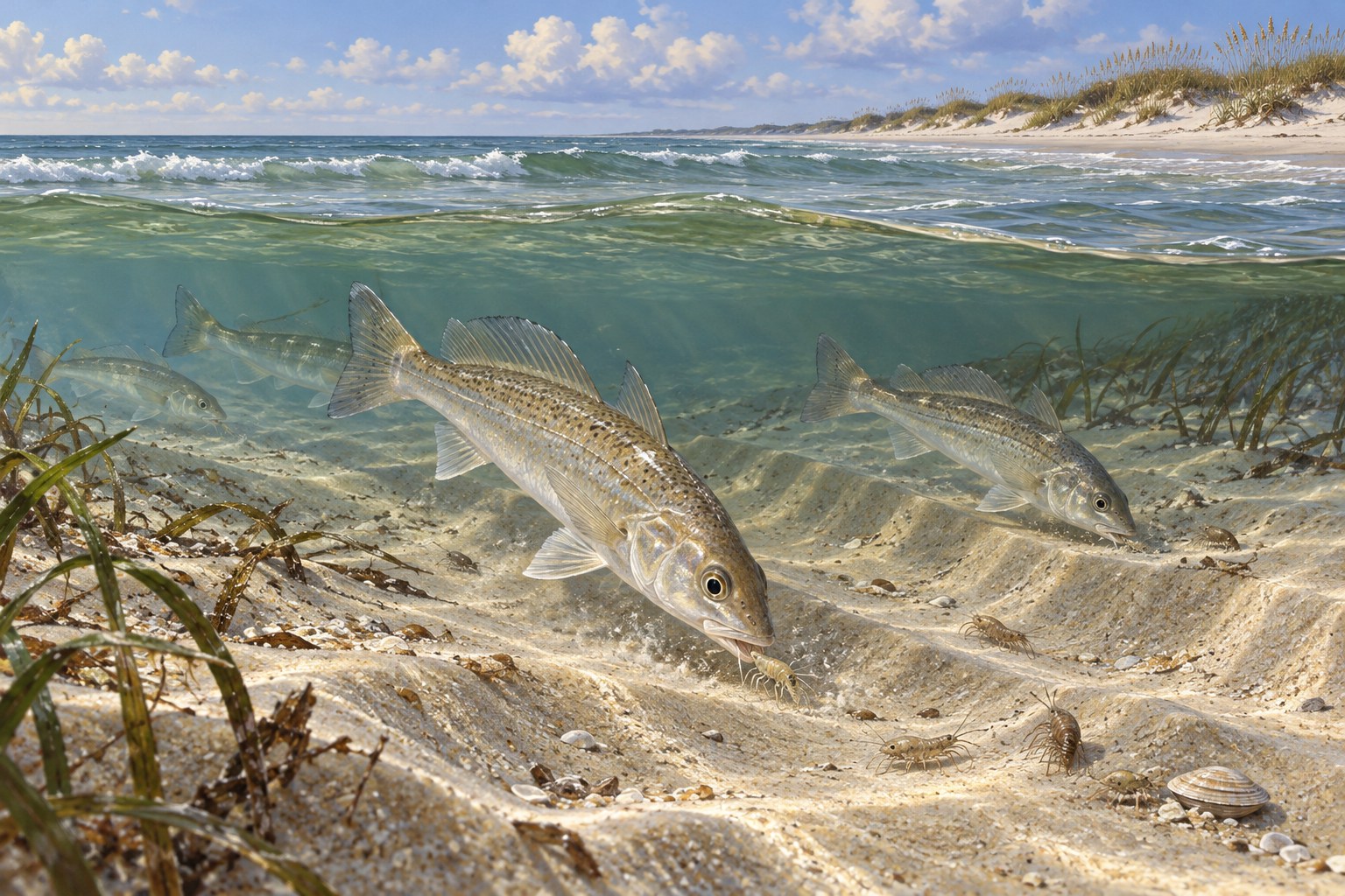 Habitat illustration showing whiting taking small prey from a Gulf sand trough