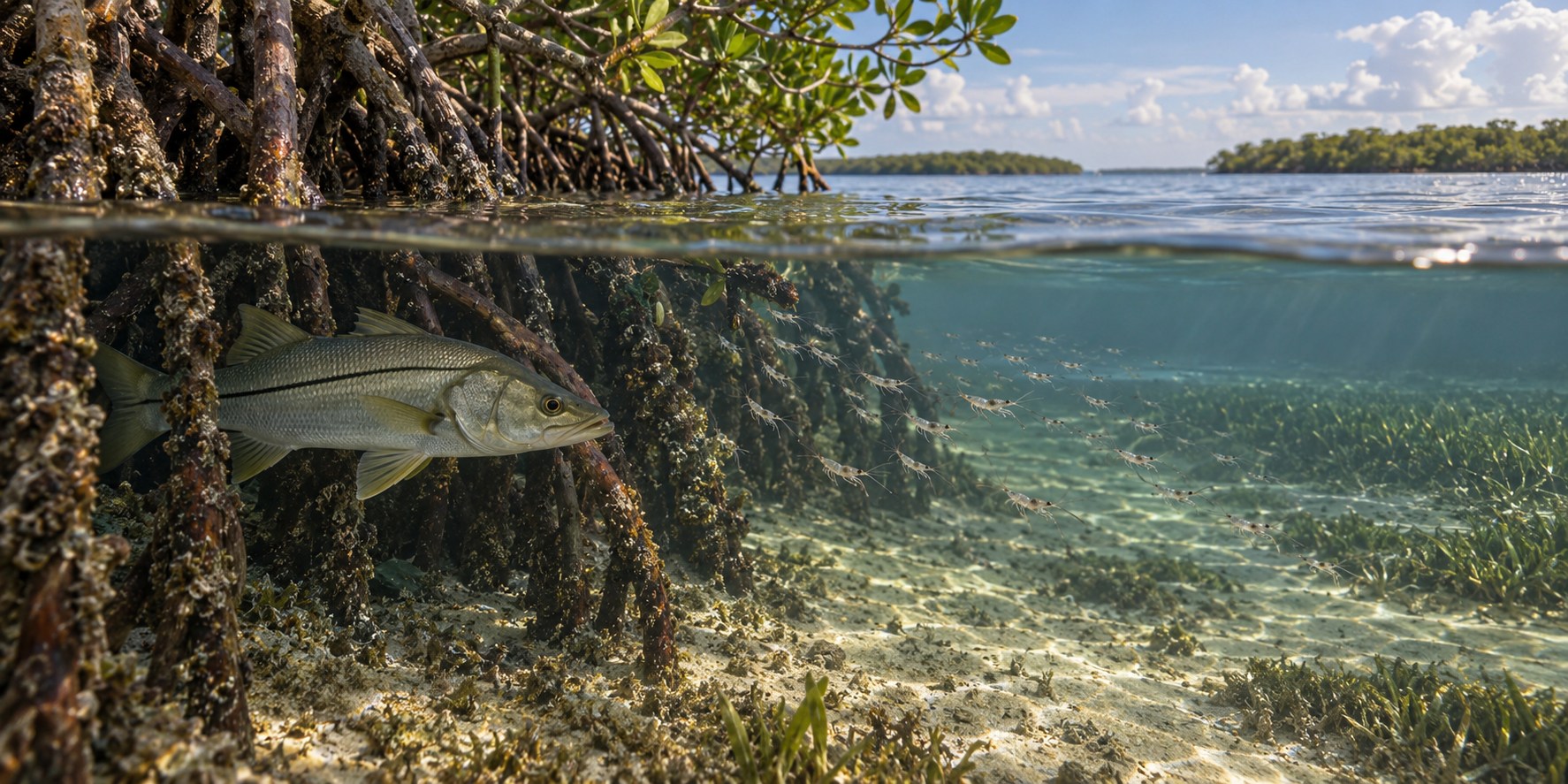 Habitat illustration of a snook holding beside mangrove roots at a tidal point