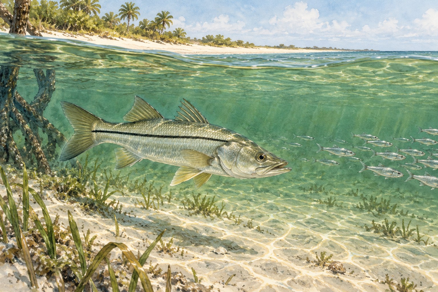 Habitat illustration of a common snook cruising beside small baitfish in shallow sandy beach water