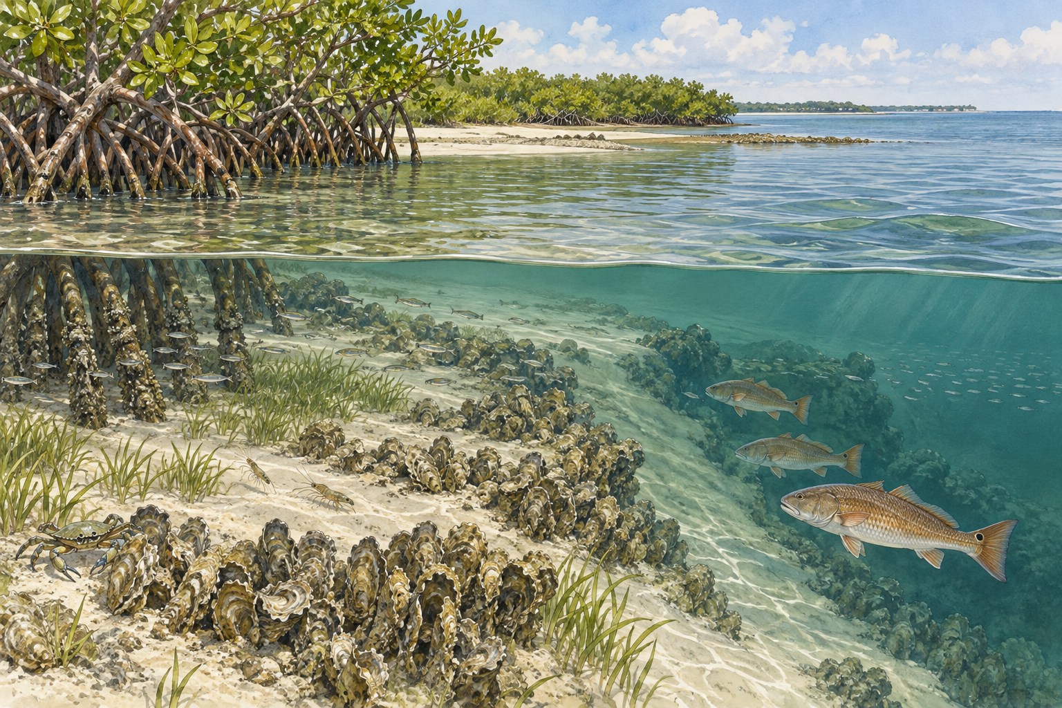 Habitat illustration of a mangrove drainage edge with oyster cover, shallow flats and deeper water