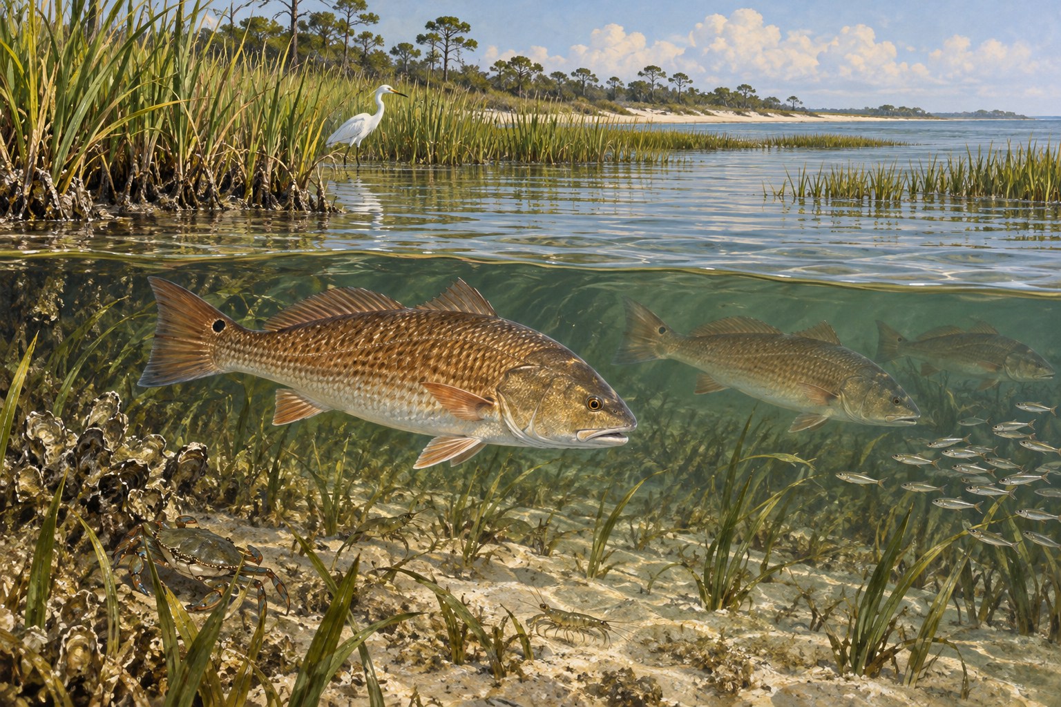 Habitat illustration showing redfish beside natural marsh vegetation