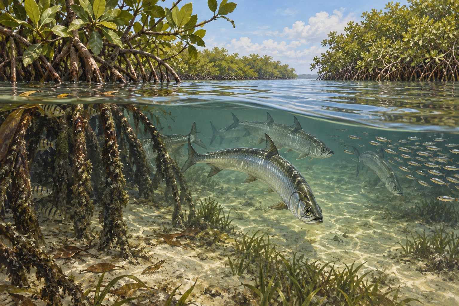 Habitat illustration showing juvenile tarpon turning under a mangrove-lined channel
