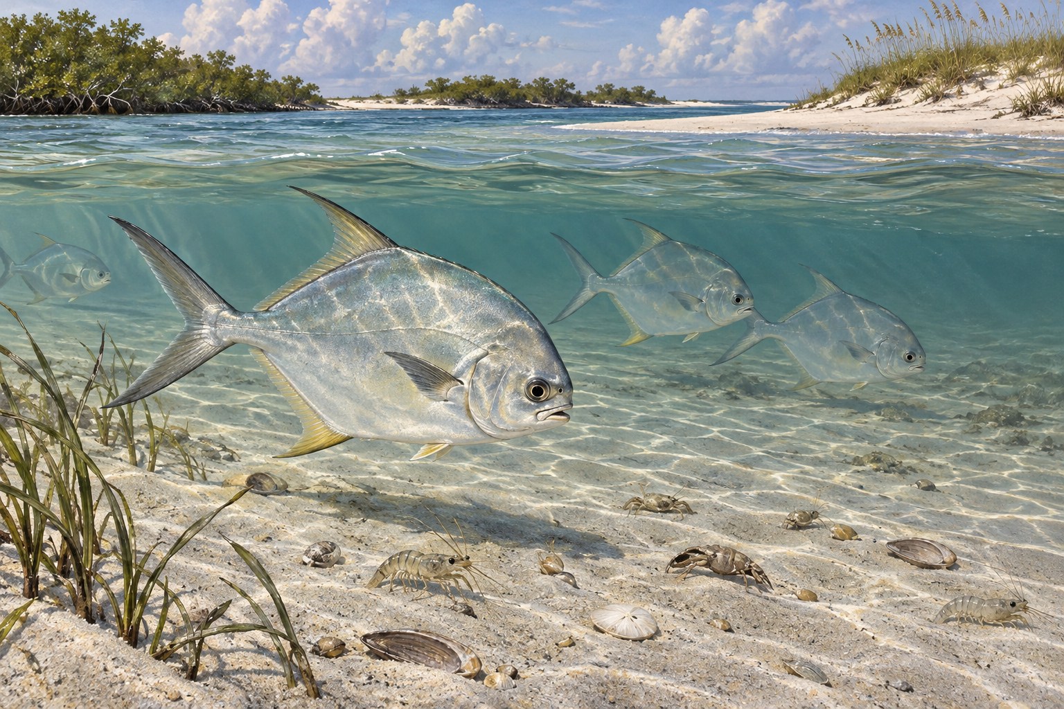 Habitat illustration showing coastal fish above sand outside an inlet shoulder