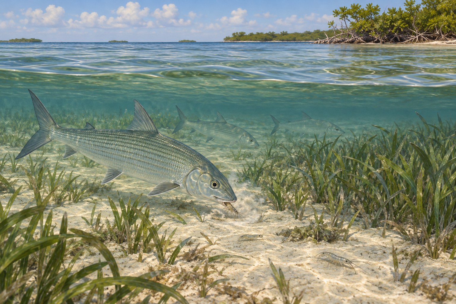 Habitat illustration showing coastal fish feeding beside a turtlegrass patch