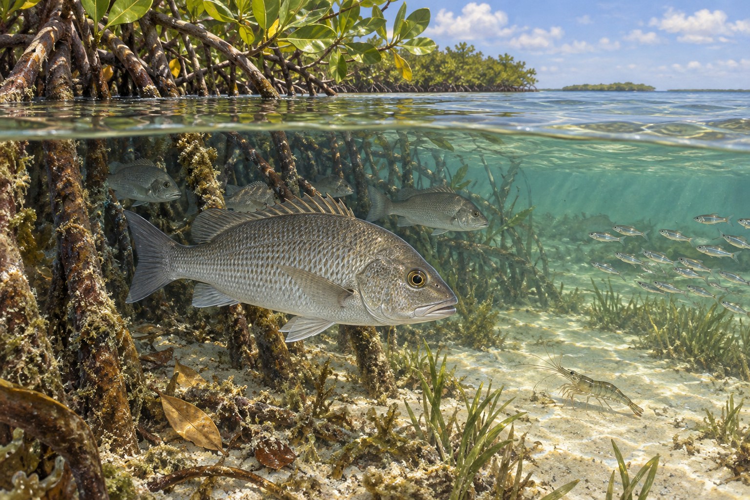 Habitat illustration showing gray snapper beside a sheltered Lower Keys mangrove edge