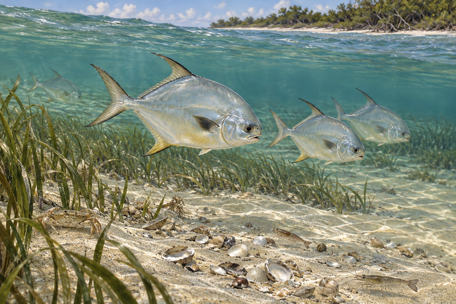 Habitat illustration showing coastal fish passing above scattered shell pieces