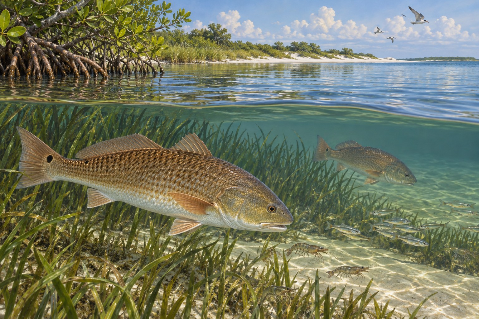 Habitat illustration showing redfish beside a shallow lagoon grass margin