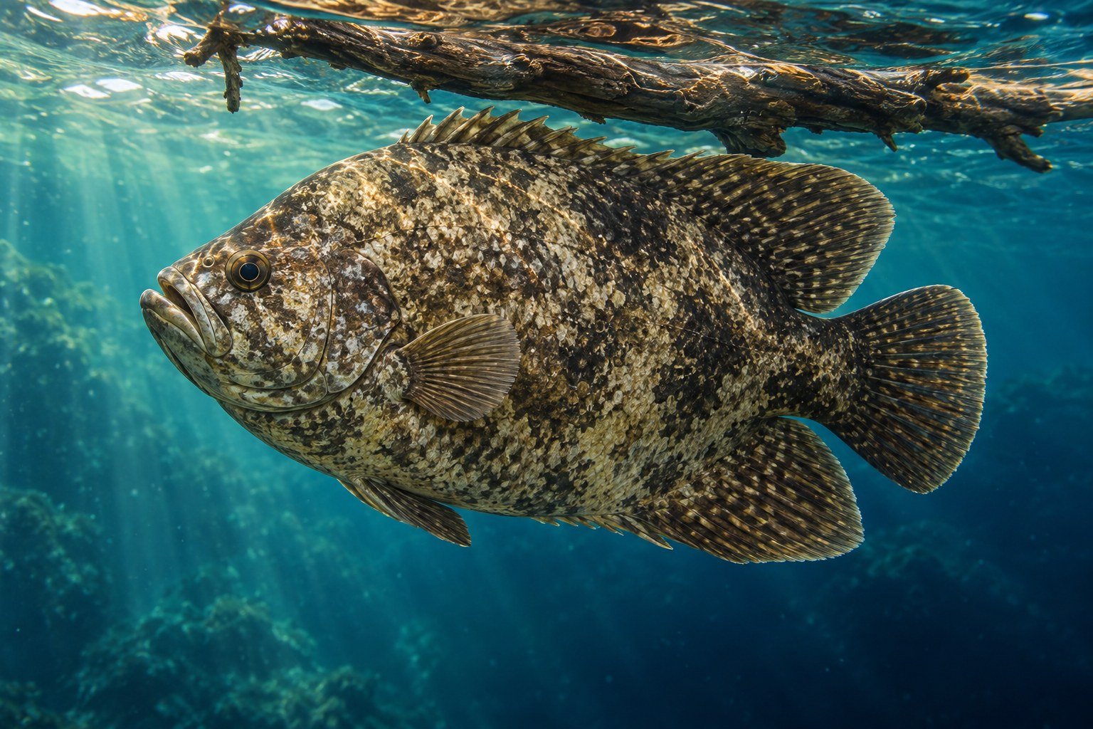 Tripletail shown in side profile underwater