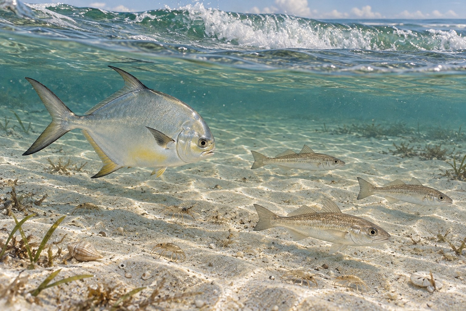 Illustration of a Florida pompano and whiting above a sandy coastal bottom