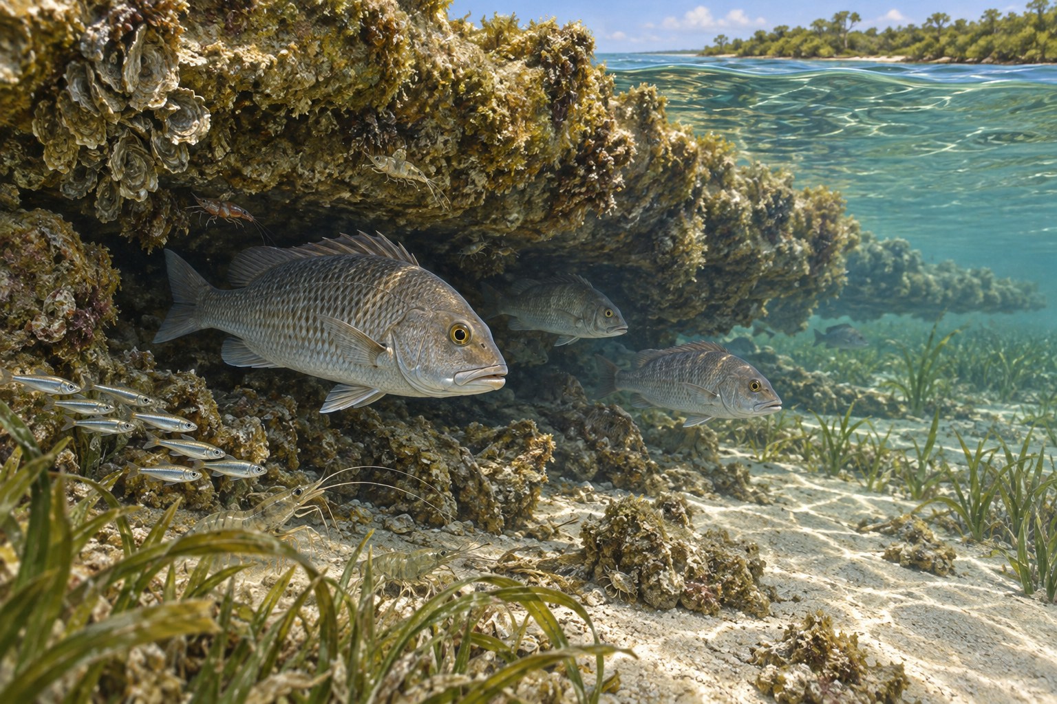 Habitat illustration showing gray snapper beneath a shallow natural coastal ledge
