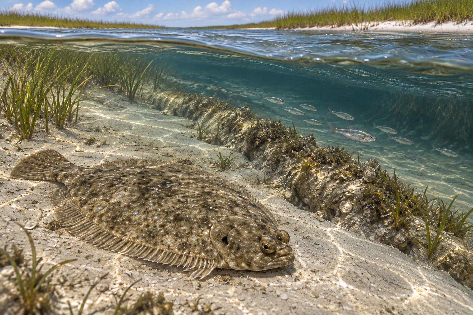 Illustration of a flounder resting on sand beside a tidal seam and salt-marsh bank