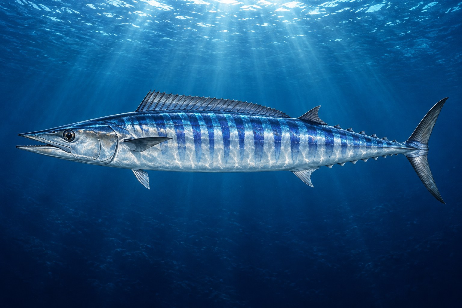 Wahoo shown in side profile underwater