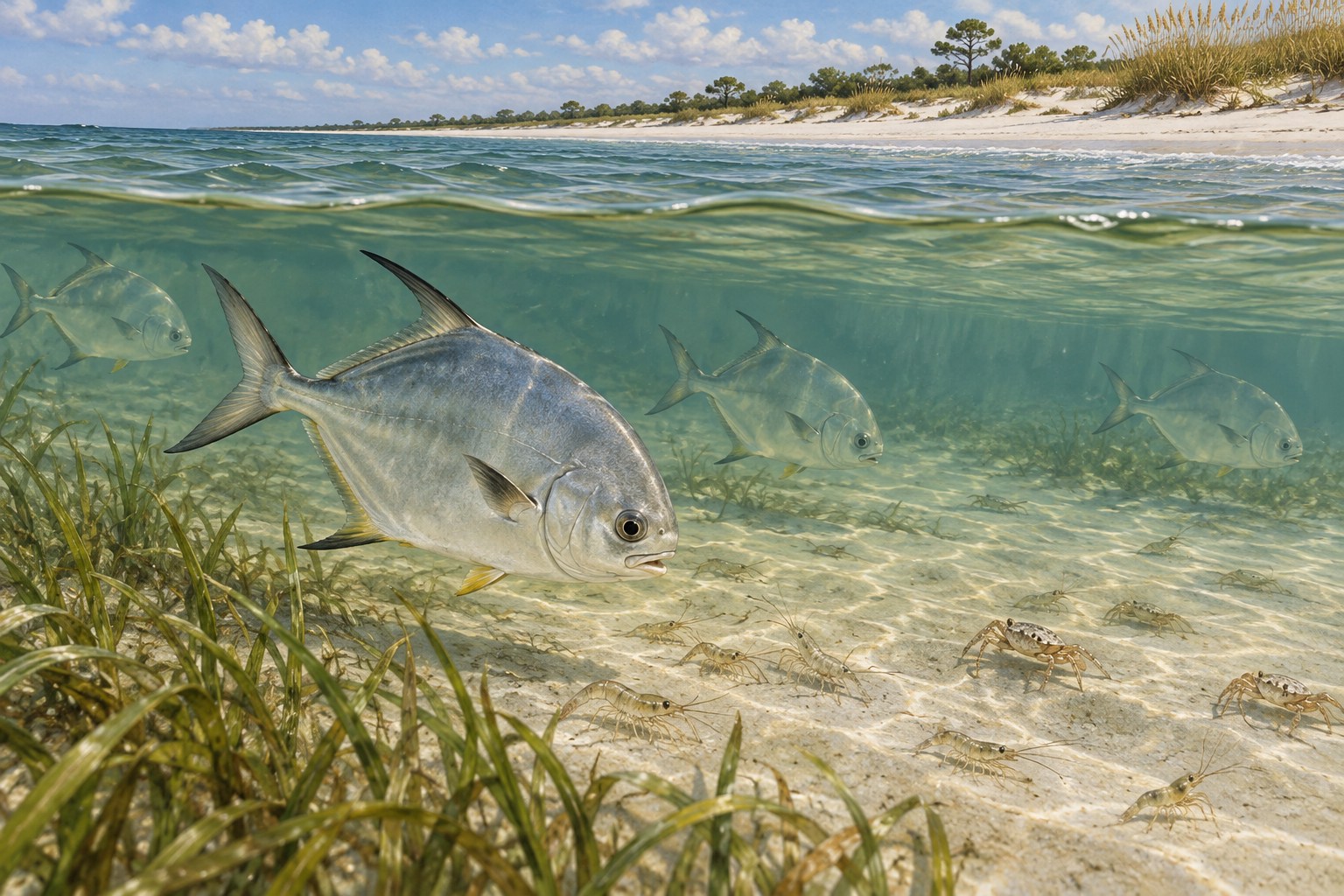 Habitat illustration showing coastal fish above a sandy bay-beach edge