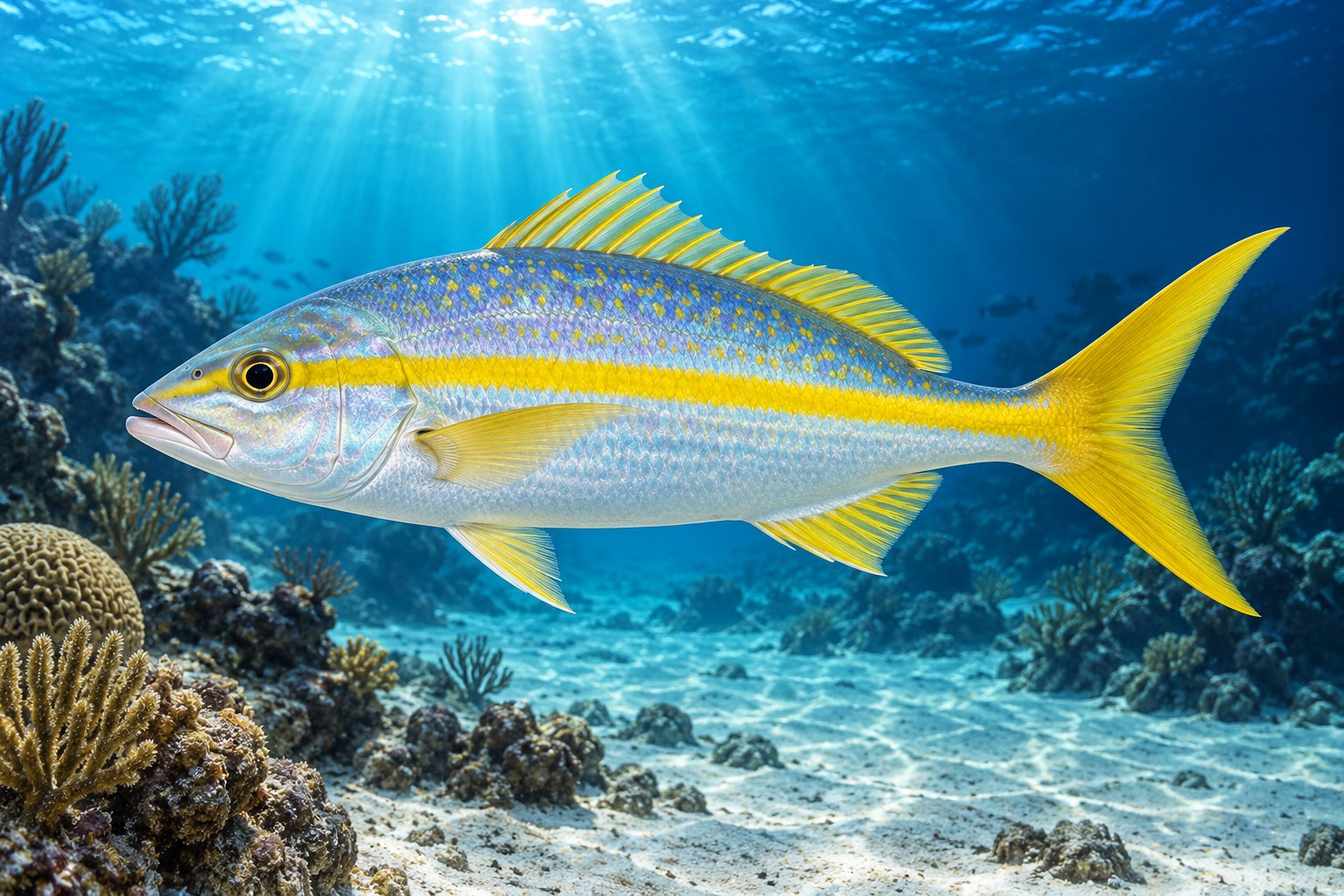 Yellowtail Snapper shown in side profile underwater