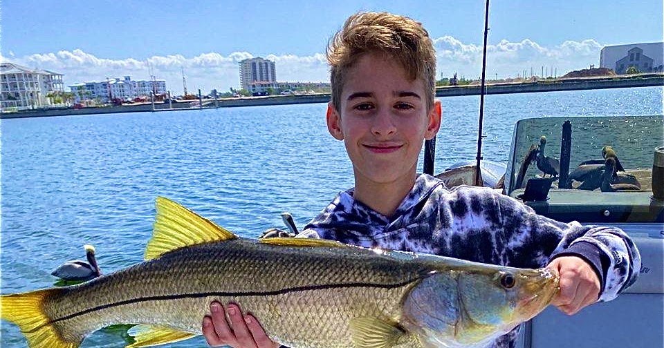 Young angler holding a snook in Tampa Bay with Triple C Charters